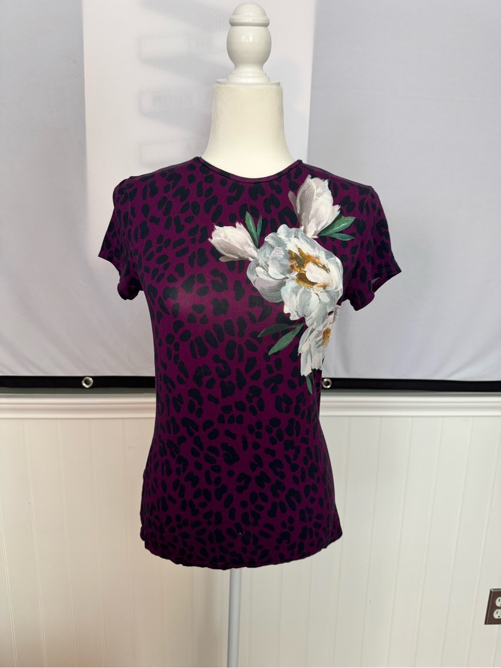 Ted Baker Purple Leopard-Print Tee with White Floral Applique